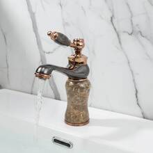 奢华红铜色仿大理石浴室水龙头，单孔冷热水面盆水龙头，欧式石纹手柄混水阀，G1/2通用螺纹，含2根50厘米进水软管和G3/8转接头 - ORB黑玉二個玉 - 查看 9