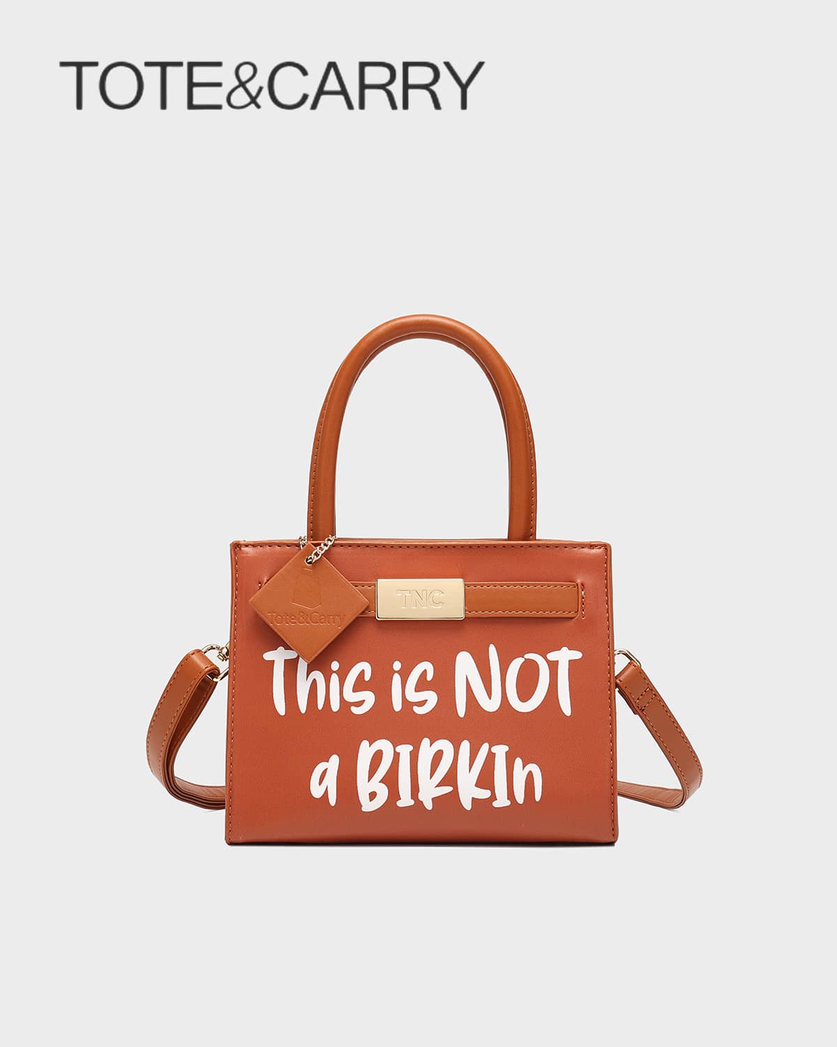Tote&Carry Women's Y2K Baddie Sassy Letter Print Mini Tote Bag, Vibrant Caramel PU Leather Crossbody Top Handle Purse, This Is Not A Birkin Ironic Luxury Parody Statement Handbag For Spring Festival Concert Party - 摩卡棕 - 查看 1