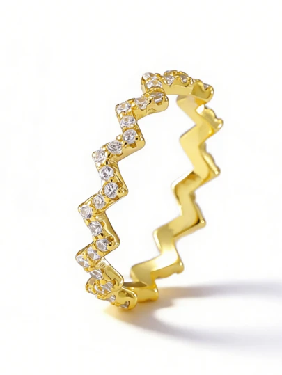 Flyleaf 1枚奢华S925纯银镀18K金全镶立方氧化锆多层波浪锯齿开口戒指，通勤及日常佩戴皆宜