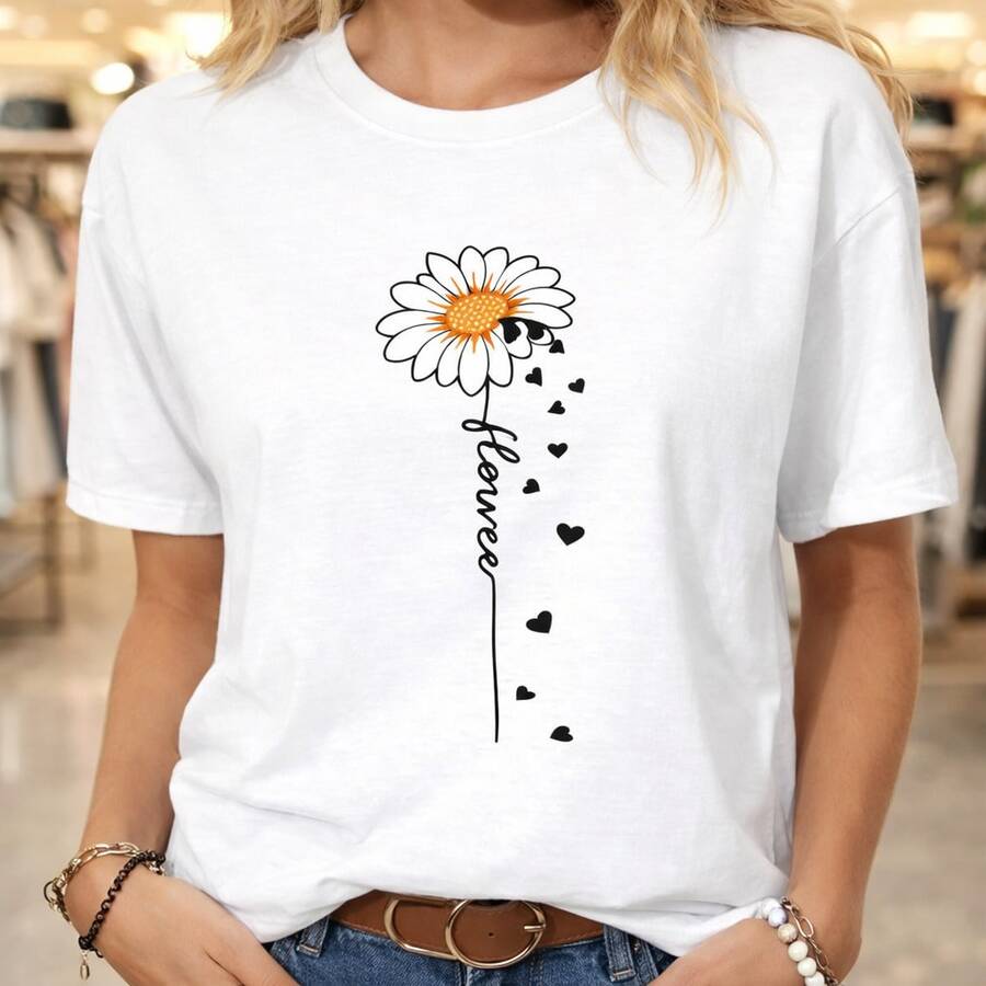 Camiseta de algodón para mujer con estampado de margaritas y corazones, camiseta casual de manga corta de algodón para uso diario, regalos de cumpleaños, regalos de Navidad, regalos de Halloween o como camiseta conmemorativa para amigos o seres queridos. También es adecuada como suéter. Entrega rápida. - Blanco - Ver 1