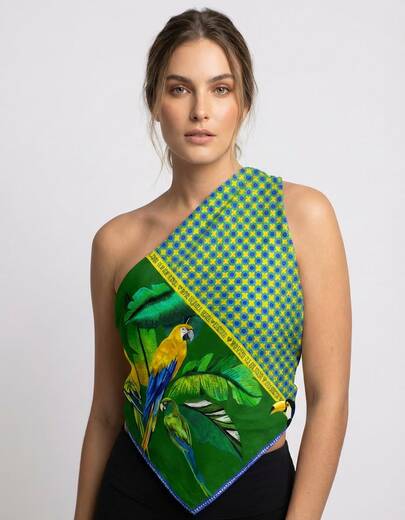 Stampaholics Lenço Feminino Sublimado Cetim Grande Cabelo Bolsa 90x90 Cm Passáros Canto da Mata Brasil Copa do Mundo