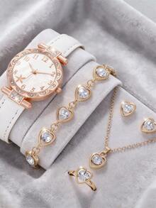 6件套时尚圆形设计百搭奢华女士腕表套装，高端商务优雅风格 - 白色 - 查看 1