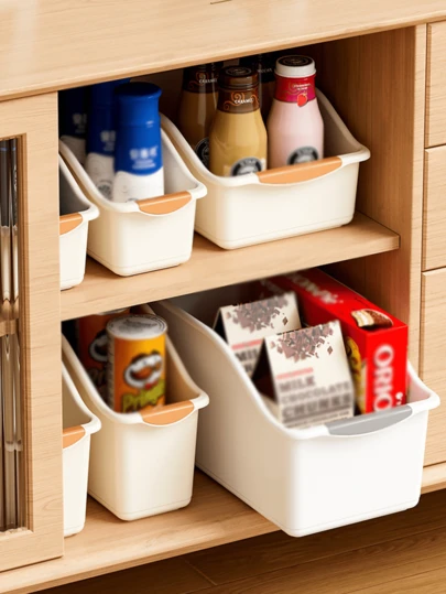 Japanese Minimalist Contrast Color Handle Sorting Storage Bins, PP Plastic Thick Durable Organizer Baskets, Multi-Size Combination Set, Open Slanted Handle Design With Anti-Slip For Cabinet Drawers