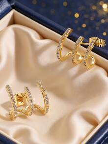 Women's Gold-Plated Triple Arc Ear Cuff Earrings, Fully Embedded Zirconia Stones, Minimalist Elegant Style, Suitable For Daily Commute And Workwear, An Ideal Gift For Fashion Enthusiasts - Gold - View 2