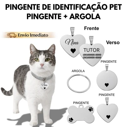 Pingente De Identificação Gatos Pet Personalizado Nome Telefone Prata Frente  Animais Proteção