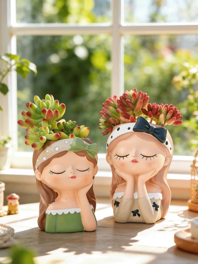 人头造型多肉植物盆栽，可爱树脂仙人掌盆栽，创意装饰，男女皆宜，是办公室和花园装饰的完美之选。