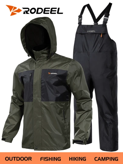 RODEEL Men's Fishing Windproof Waterproof Breathable Quick-Dry Jumpsuit Raincoat With Multi-Pockets, Adjustable Cuffs, Ideal For Outdoor Enthusiasts