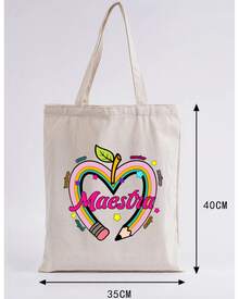 1 pieza Bolso de hombro tipo tote de estilo minimalista con estampado de DIA DEL MAESTRO, adecuado para trabajo, viajes, compras, escuela, gran capacidad, portátil, apropiado para adolescentes, estudiantes universitarias y trabajadoras de oficina, perfecto para trabajo, vuelta al cole, secundaria, universidad, vacaciones, con diseños divertidos para el día del maestro - Blanco - Ver 5
