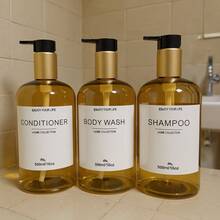 3pcs Gold-Brown Soap Dispenser Set, Bathroom Shampoo & Body Wash Refillable Bottles, Liquid Pump Bottles, Fashionable Gold-Tone Lotion Dispenser & Waterproof Labels, Home Decor Bathroom Storage Accessories, Housewarming Gift Set - Brown Translucent - View 8