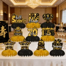 一套70岁生日装饰蜂窝状中心摆件，男女皆宜，黑色金色“70岁生日快乐”主题中心摆件，餐桌装饰摆件，派对装饰用品，复古1956年做旧桌牌装饰 - 多色 70歲 - 查看 5