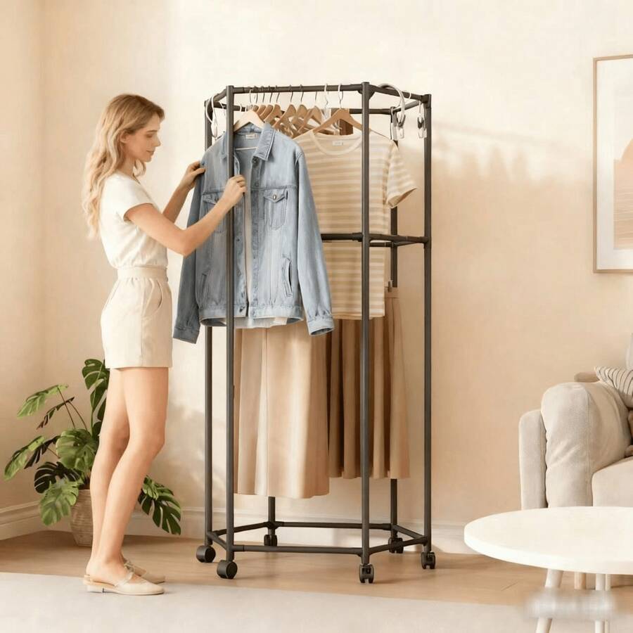360° Rotating Hexagonal Wheeled Heavy-Duty Clothes Drying Rack, High Load Capacity, Fashionable Appearance, Multiple Options, Space-Saving, Sturdy Metal Floor-Standing Multi-Rod Laundry Rack, Suitable For Bedroom, Balcony, Room, Dorm, Hotel, Holiday Gift - Multicolor - View 1