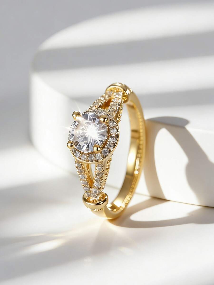 Charm-In 复古风18K镀金光环戒指 | 圆形切割立方氧化锆单钻，镶嵌式分叉戒托 | 订婚及承诺礼物的完美之选 - 金色 - 查看 1