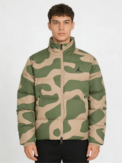 Nike Jordan Flight Heritage 印花立領拉鍊休閒麵包羽絨外套 男款 麻黃