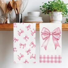 2pcs Minimalist Pink Bow Pattern Kitchen Towels, Soft Polyester Material Dish Cloths, Suitable For Kitchen Decor, Cleaning, Holiday Party Decoration, Kitchen & Bathroom Essentials, Home Decor, Housewarming Gift - Multicolor - View 6