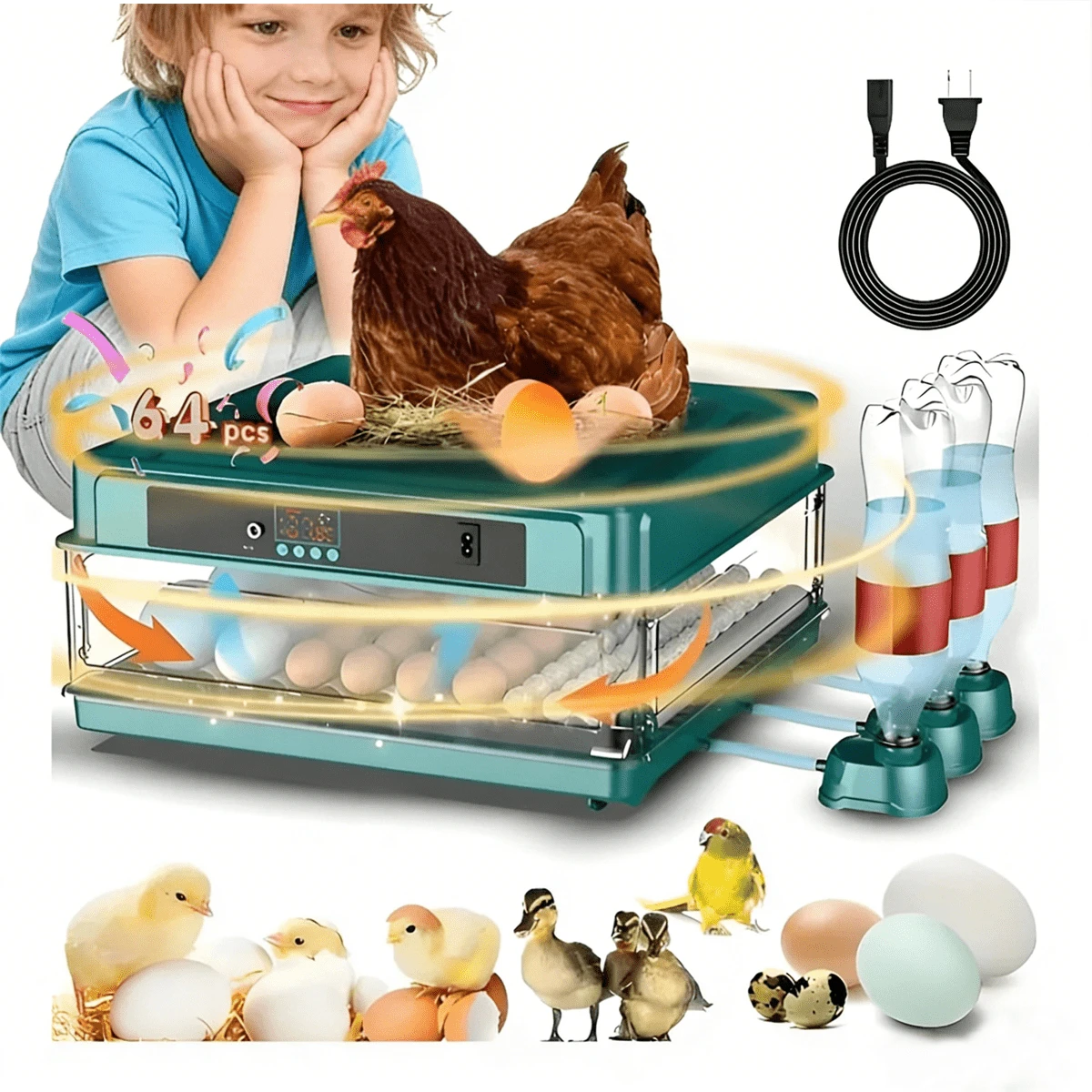 Incubadora De Aves De Gran Capacidad , Incubadora De 64 Huevos Con Pantalla Digital + Control Termostático Para Pollos + Rotación Automática , Patos , Gansos , Codornices Y Otras Aves De Corral