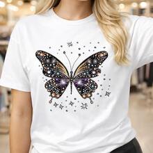 Camiseta de algodón para mujer con estampado de mariposa con pedrería, camiseta blanca casual para uso diario, regalos de cumpleaños, regalos de Navidad, regalos de Halloween o como camiseta conmemorativa para amigos o seres queridos. También es adecuada como suéter. Entrega rápida. - Blanco - Ver 6