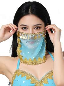 Bohemian Coin Fringe Sequin Embellished Sheer Mesh Face Veil - Exotic Belly Dance Accessory, Music Festival & Halloween Cosplay Face Decor (Multiple Colors Available) - Multicolor - View 7
