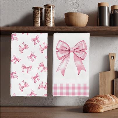 2pcs Minimalist Pink Bow Pattern Kitchen Towels, Soft Polyester Material Dish Cloths, Suitable For Kitchen Decor, Cleaning, Holiday Party Decoration, Kitchen & Bathroom Essentials, Home Decor, Housewarming Gift