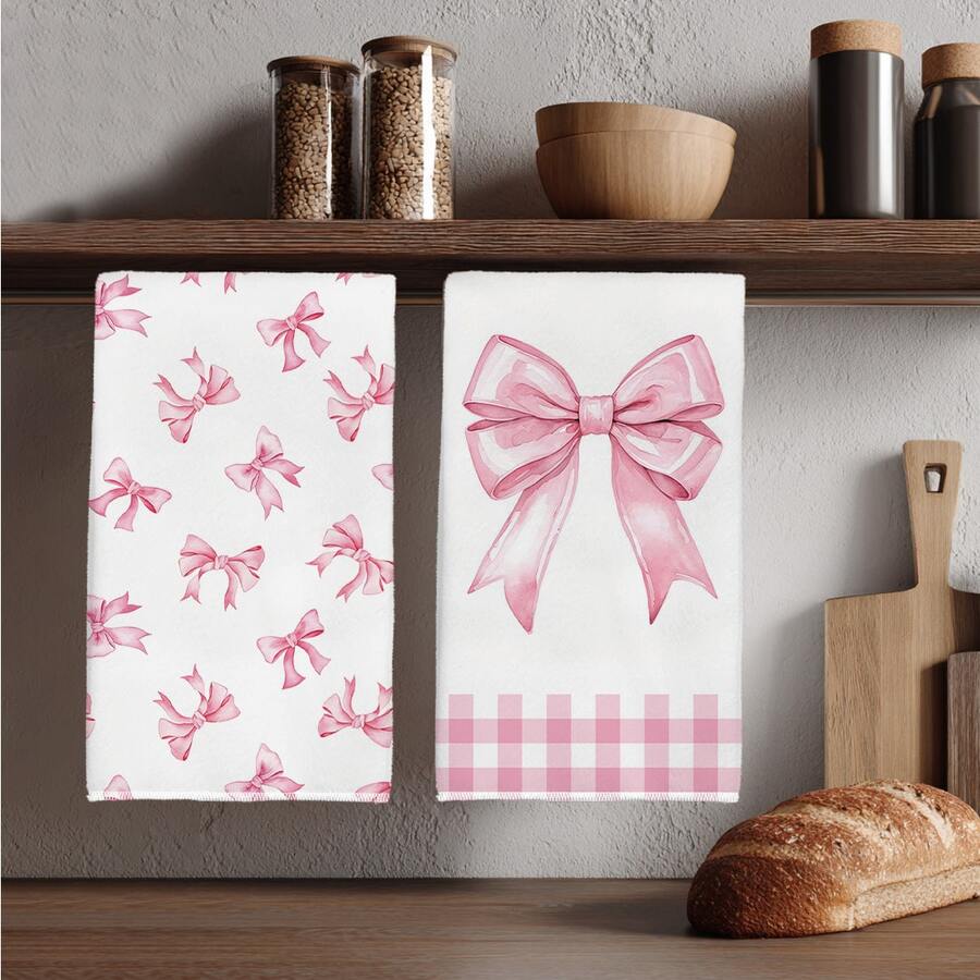 2pcs Minimalist Pink Bow Pattern Kitchen Towels, Soft Polyester Material Dish Cloths, Suitable For Kitchen Decor, Cleaning, Holiday Party Decoration, Kitchen & Bathroom Essentials, Home Decor, Housewarming Gift - Multicolor - View 1