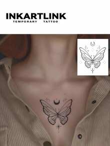 2 PIEZAS Pegatinas decorativas de la serie Mariposa de INKARTLINK, Contorno de mariposa con estrella y luna, Tatuaje corporal temporal resistente al agua, Duración de 1-2 semanas, Tatuaje de jugo de frutas, Adecuado para hombres y mujeres, Imprescindible para personas y fiestas - Negro - Ver 7