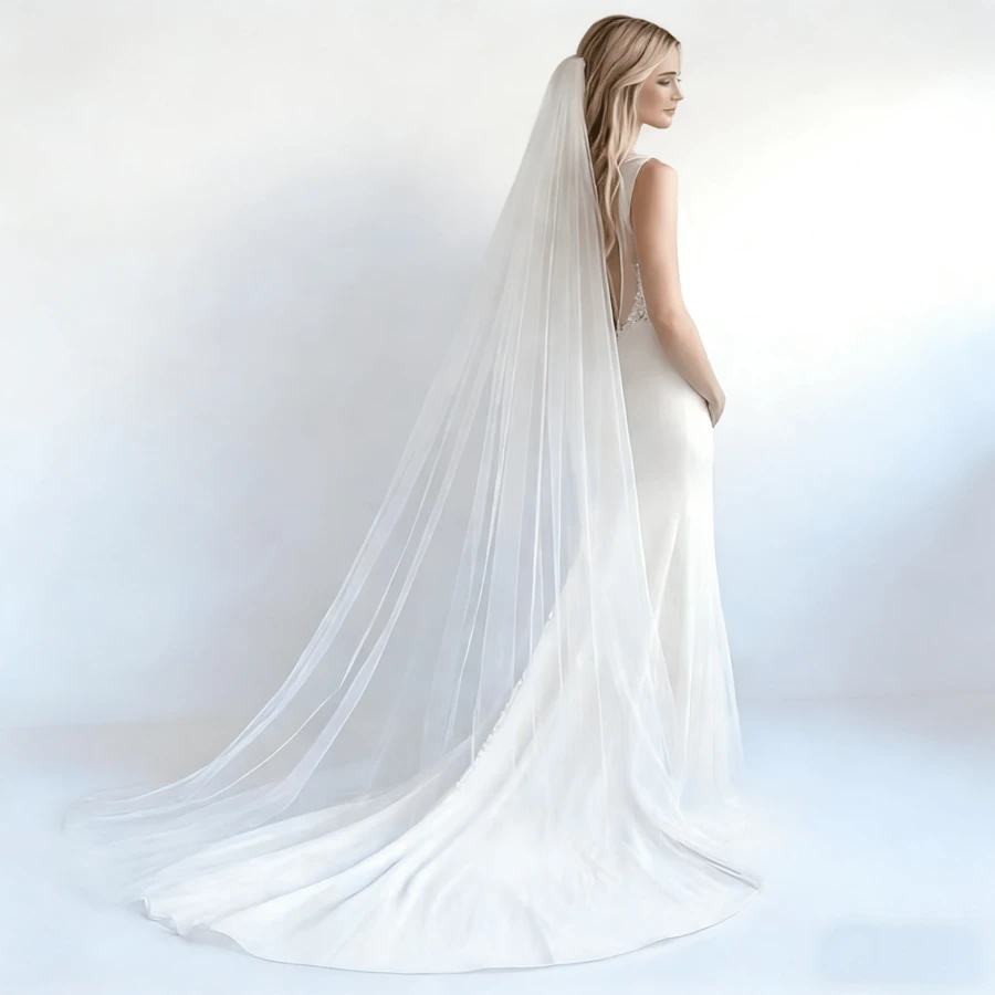 1pc Signature Soft Long Thin Tulle Bridal Veil, Single Layer With Clean Trim, Simple Bride Veil With Metal Hair Comb - Multicolor - View 1