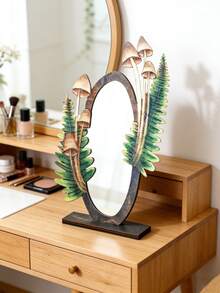 1pc-Bohemian Vintage Fern & Mushroom Print Tabletop Mirror - Decorative Oval Desktop Mirror For Bedroom, Living Room & Home Aesthetic, Blending Practical Functionality With Cozy Ambiance, A Must-Have Decor Piece To Elevate Your Home - Multicolor - View 1