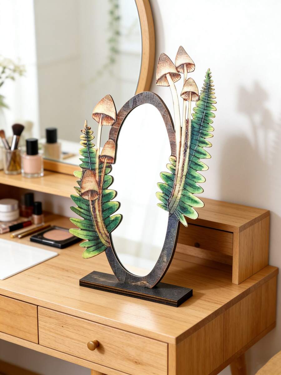 1pc-Bohemian Vintage Fern & Mushroom Print Tabletop Mirror - Decorative Oval Desktop Mirror For Bedroom, Living Room & Home Aesthetic, Blending Practical Functionality With Cozy Ambiance, A Must-Have Decor Piece To Elevate Your Home - Multicolor - View 1