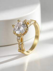 Charm-In 18K Gold Plated Copper Ring Vintage Crown Design Round Cut Cubic Zirconia Promise Ring For Women Wedding Jewelry - Gold - View 2