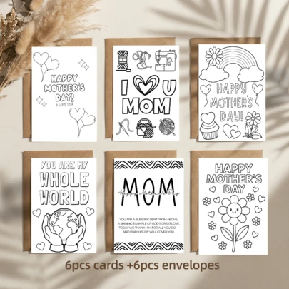 Bộ 6 thiệp chúc mừng Ngày của Mẹ để tô màu - Bộ 6 thiệp nghệ thuật vẽ nguệch ngoạc dành cho bút dạ, bút sáp màu và bút màu nước, bộ văn phòng phẩm thủ công cá nhân hóa kèm phong bì giấy Kraft.