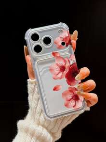 Half Red Flower TPU Transparent Shockproof Phone Case, Compatible With IPhone 17 Pro, 16/16 Pro Max, 15, 11, 12, 13, 14, XR, XS, Pro, Max, 13 Pro Max, 15 Plus, 17, 17 Pro Max, Mini, Card Holder, Photo Slot, Holiday Gift - Clear - View 3