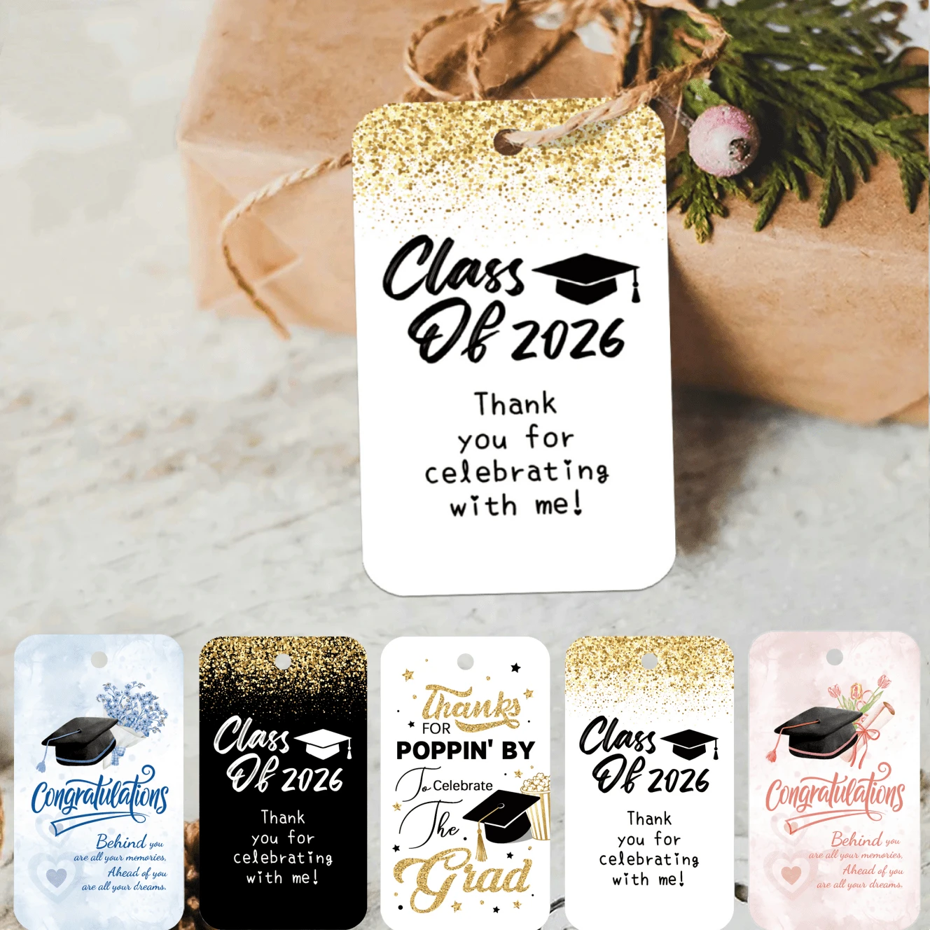 50pcs Graduation Theme Gift Tags With Hemp Rope - Class Of 2026 Graduation Season Hanging Labels For Presents, Gift Wrapping & Party Decoration, Congrats Grad Paper Party Favor Tags - Multicolor - View 1