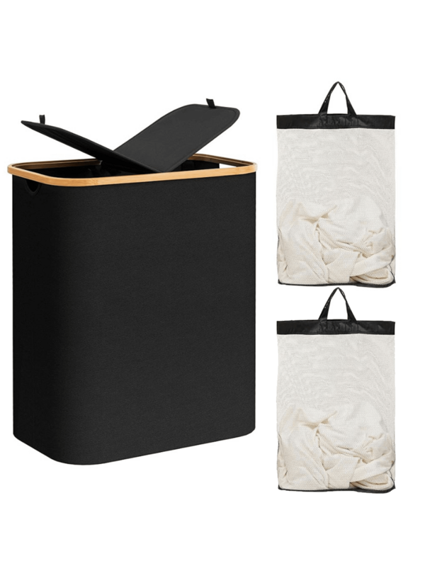 1pc Double-Layer Laundry Basket With Lid, Large Dirty Clothes Storage Basket, 2 Removable & Washable Inner Bags, Foldable Space-Saving Laundry Hamper For Bathroom, Bedroom, Laundry Room, Dorm