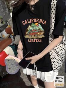 Cartoon Pattern Short Sleeve Mid-Length T-Shirt, Fashionable Casual Top For Women Black Summer - Black - View 2