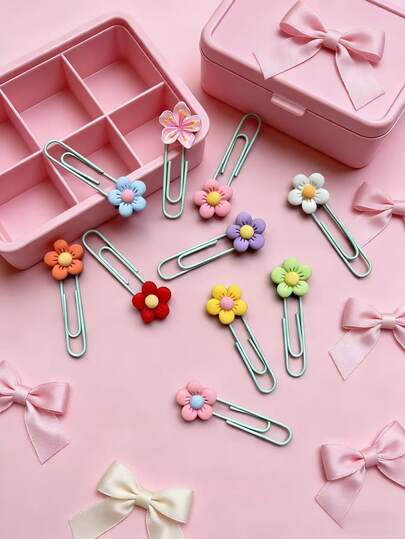 30 piezas/27 piezas/10 piezas/ 9 piezas/ 8 piezas/ 6 piezas/ 5 piezas/ 3 piezas/ 1 pieza Marcador de libros con clip de papel de metal y flor PVC, artículo de papelería de oficina lindo, disponible en varios colores