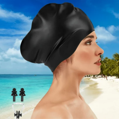 超大号硅胶泳帽，适合长发和脏辫，带鼻夹和耳塞 – 跨境供应
