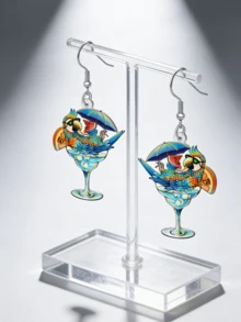 2D Tropical Parrot Acrylic Drop Earrings, Double-Sided Printed, Hawaiian Cocktail Glass Design, Summer Bird Drop, Beach Party Earrings - Parrot Cocktail Glass - View 6