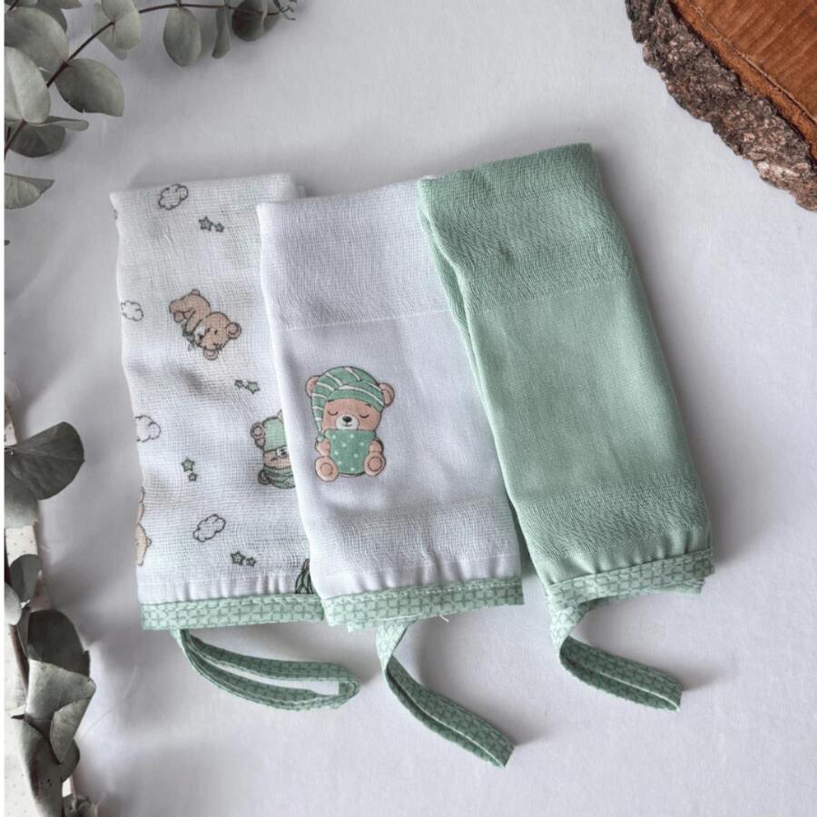 Set Of 3 Baby Bibs With Pacifier Clip, 100% Cotton, 34 X 34cm, Baby Layette, Inconfral Teddy Bear Design - 薄荷綠 - 查看 1