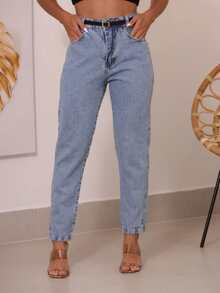 Women's High-Waisted Plain Jeans - 霧霾藍 - 查看 5