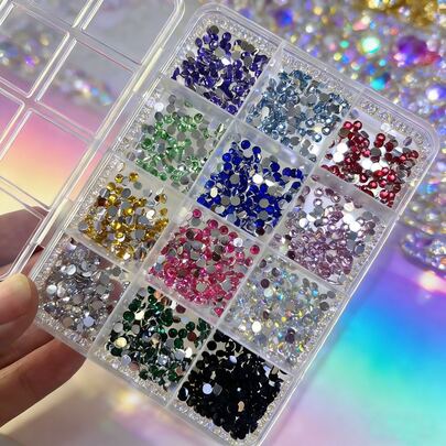 1 Box 12 Compartments Flat Glass Rhinestones, 12 Assorted Sizes & Shapes, Colorful Jewelry Beads, Mixed Round Studs & Various Rhinestones, Nail Art DIY Decorations, Multi-Style Nail Supplies Set