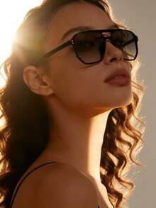 Black Double-Bridge Retro Fashion Fashion Glasses, Unisex Suitable For Driving, Vacation, Party, Daily Wear, Stylish Outfit, PC Frame Material - Black - View 3