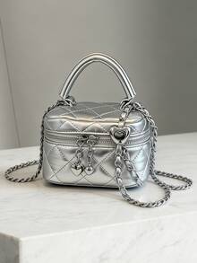 New Fashion Classic Multifunctional Waterproof PU Material, Diamond Quilted Pattern Handbag, Lightweight And Easy To Carry, Zipper Closure Design, Heart-Shaped Zipper Decor Crossbody Round Box Bag, Coin Purse, Suitable For Shopping, Travel, Commuting - Silver - View 1
