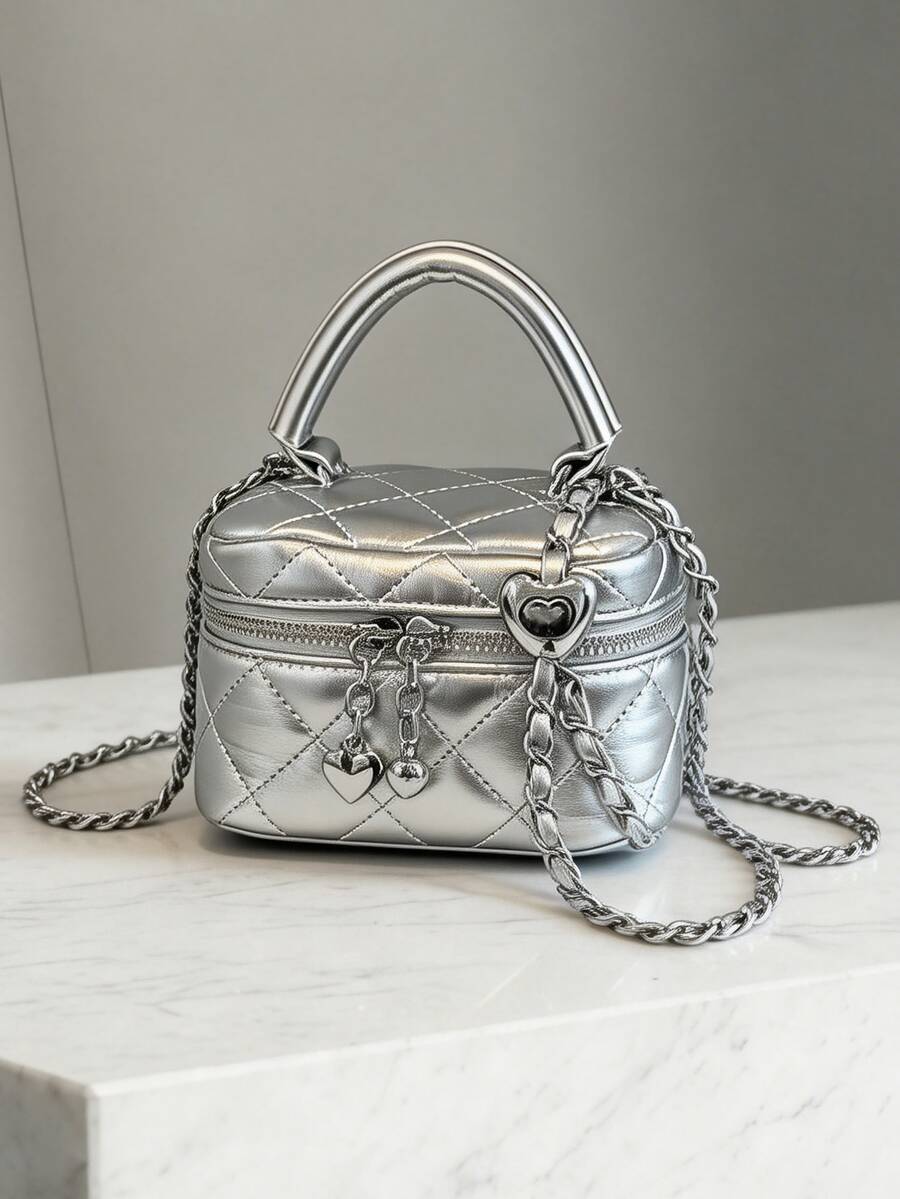 New Fashion Classic Multifunctional Waterproof PU Material, Diamond Quilted Pattern Handbag, Lightweight And Easy To Carry, Zipper Closure Design, Heart-Shaped Zipper Decor Crossbody Round Box Bag, Coin Purse, Suitable For Shopping, Travel, Commuting - Silver - View 1