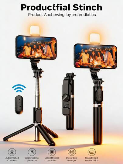 40-Inch Retractable Selfie Stick –With Fill Light –Professional Floor Tripod For Live Streaming, With Wireless Remote, 360° Rotation, Stable Anti-Shake Design. Ideal For Travel Vlogs & Outdoor Live Streaming. Compatible With Smartphones Black For Summer Vacation, Travel, Outdoor Activities, Live Streaming Tripod Stand