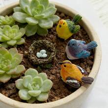 Set de 4 piezas de estatuas de pájaros de resina de colores, con 3 pájaros multicolores y 1 nido, adecuado para macetas de suculentas, jardines de rocas y decoración de mesa, excelente para decoración del hogar o del jardín - A - Ver 3