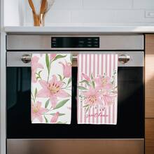 2pcs Pink Lily Flower Pattern Kitchen Towels, Soft Polyester Material Dish Cloths, Suitable For Kitchen Decor, Cleaning, Holiday Party Decoration, Kitchen & Bathroom Essentials, Home Decor, Housewarming Gift - Multicolor - View 8