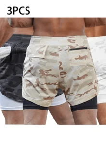 Kit Of 3 Bermuda Shorts 2 In 1 Dry Fit And Thermal Compression - 黑/白/卡其 - 查看 1