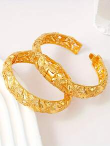 3件套金色开口手镯，优雅雕刻设计，中东节日礼物，女士时尚新娘手饰，奢华手镯 - 金黃色 - 查看 3