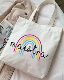 1 pieza Bolso de hombro tipo tote de estilo minimalista con estampado de DIA DEL MAESTRO, adecuado para trabajo, viajes, compras, escuela, gran capacidad, portátil, apropiado para adolescentes, estudiantes universitarias y trabajadoras de oficina, perfecto para trabajo, vuelta al cole, secundaria, universidad, vacaciones, con diseños divertidos para el día del maestro - Blanco - Ver 2