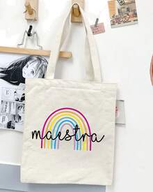 1 pieza Bolso de hombro tipo tote de estilo minimalista con estampado de DIA DEL MAESTRO, adecuado para trabajo, viajes, compras, escuela, gran capacidad, portátil, apropiado para adolescentes, estudiantes universitarias y trabajadoras de oficina, perfecto para trabajo, vuelta al cole, secundaria, universidad, vacaciones, con diseños divertidos para el día del maestro - Blanco - Ver 3