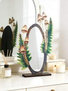 1pc-Bohemian Vintage Fern & Mushroom Print Tabletop Mirror - Decorative Oval Desktop Mirror For Bedroom, Living Room & Home Aesthetic, Blending Practical Functionality With Cozy Ambiance, A Must-Have Decor Piece To Elevate Your Home - Multicolor - View 4